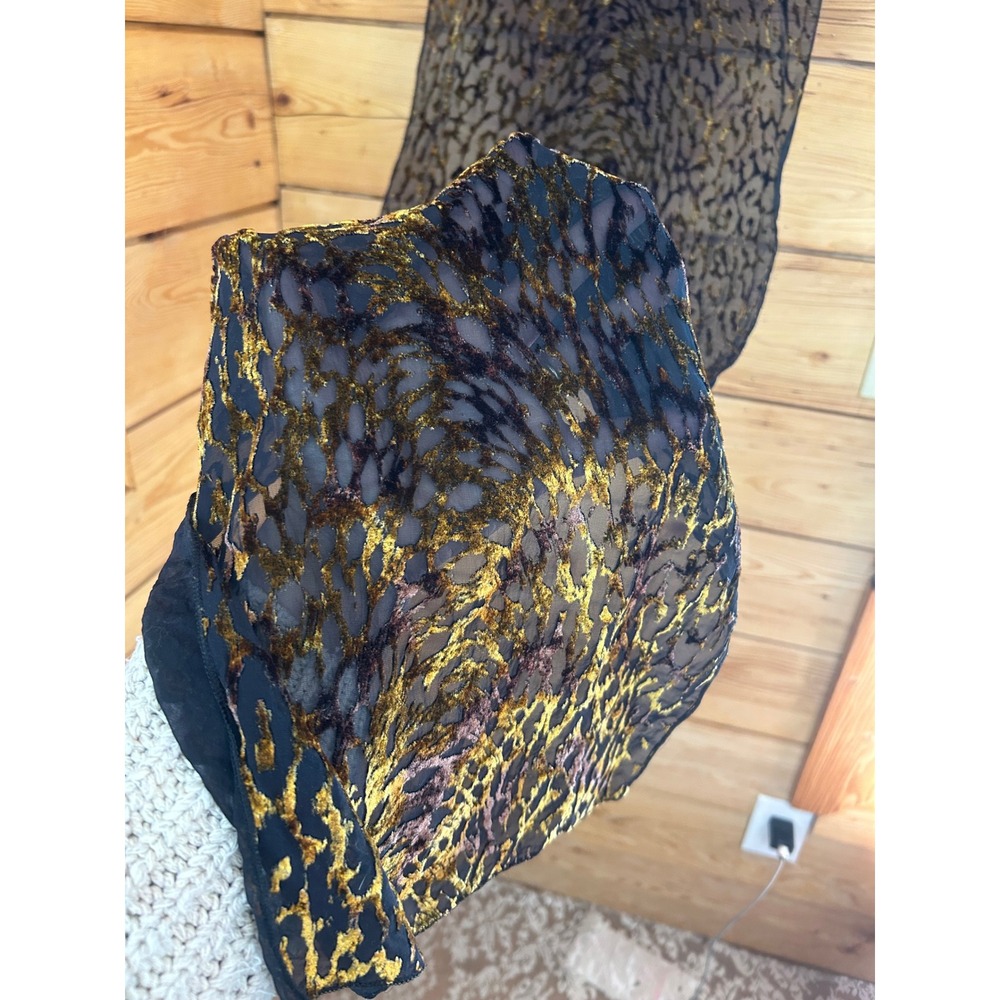 Vintage Gold Metallic Devore Burnout Velvet Sheer Mesh Animal Print Long Scarf